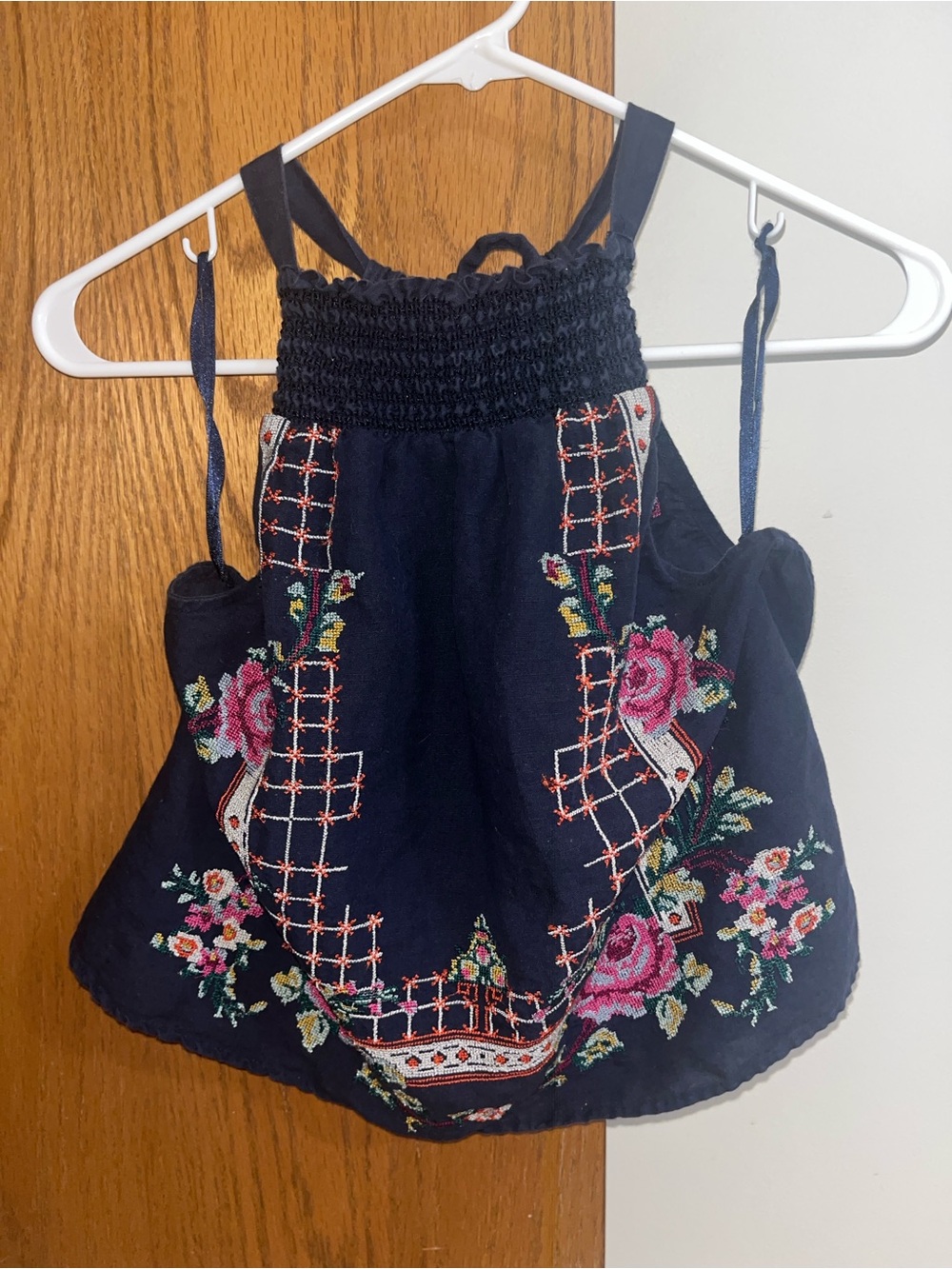 Free People Navy Floral Embroidered Smocked Tank